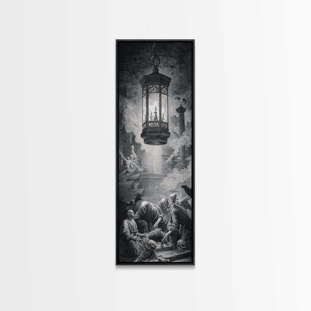 The Bone-Handled Lantern, Architectural Etching Art, Tall Narrow Wall Art, Dark Fantasy Wall Art, Framed Canvas Print