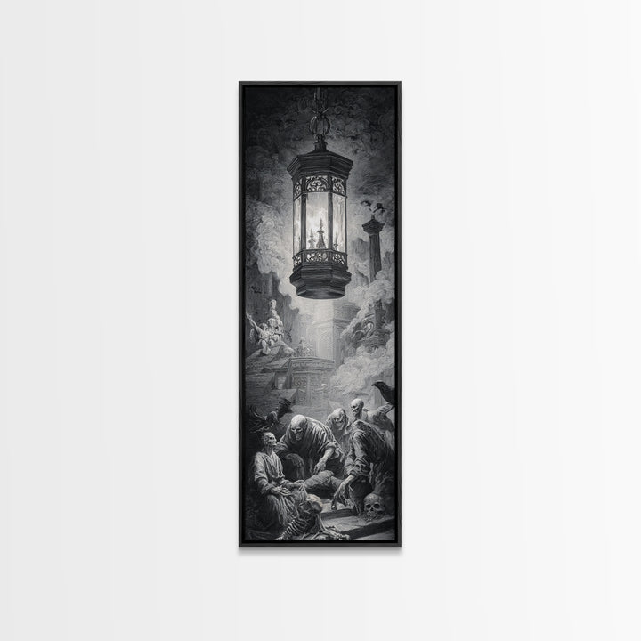 The Bone-Handled Lantern, Architectural Etching Art, Tall Narrow Wall Art, Dark Fantasy Wall Art, Framed Canvas Print