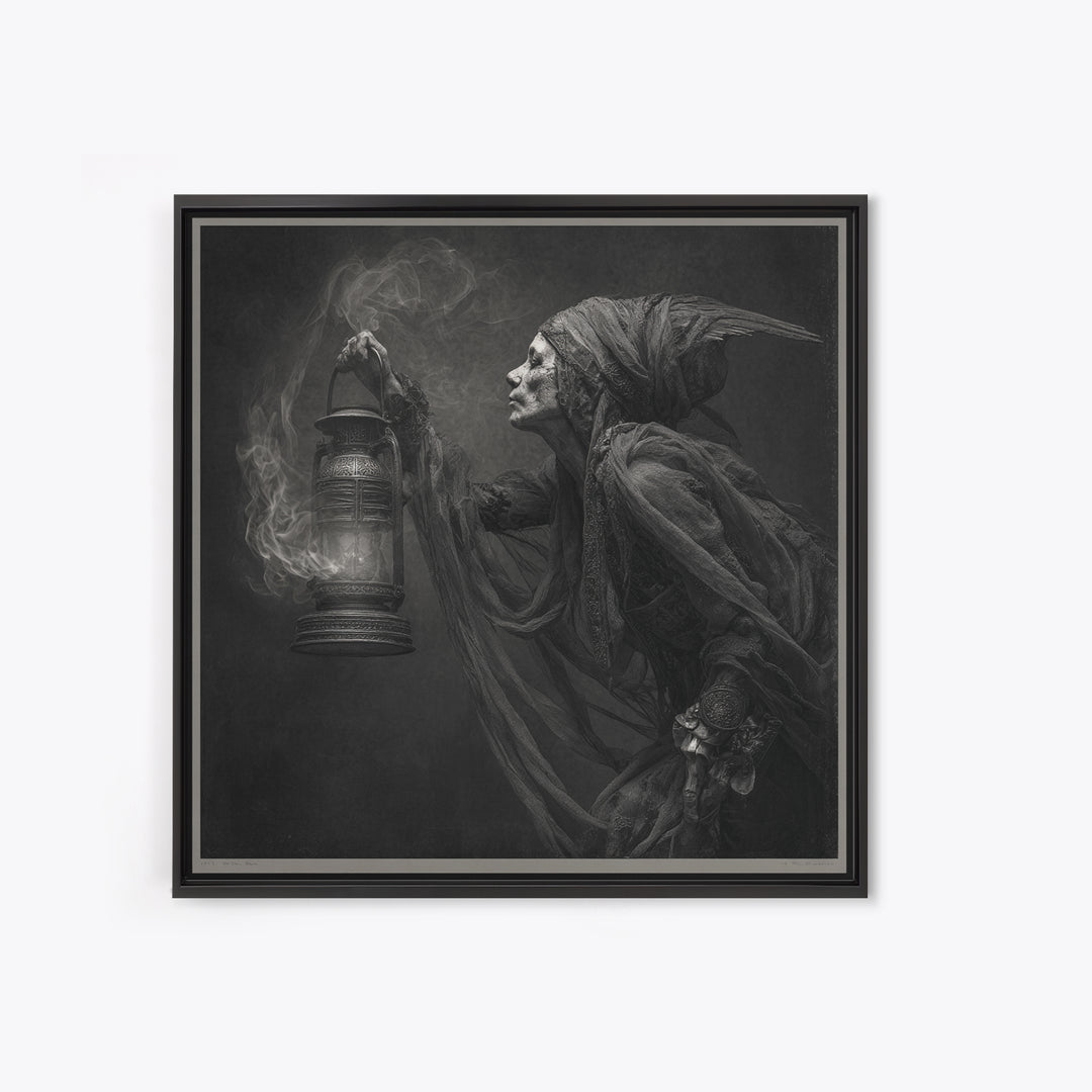 The Bone-Handled Lantern, Ornate Symbolist Art, Square Wall Art, Gothic Horror Wall Art, Framed Canvas Print, Halloween Wall Art