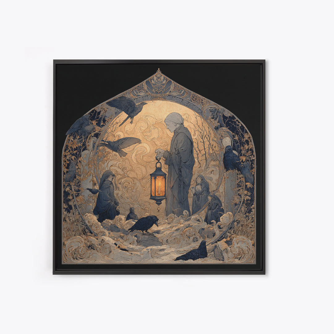 The Bone-Handled Lantern, Symbolist Death Art, Square Wall Art, Dark Halloween Decor, Framed Canvas Print, Halloween Wall Art