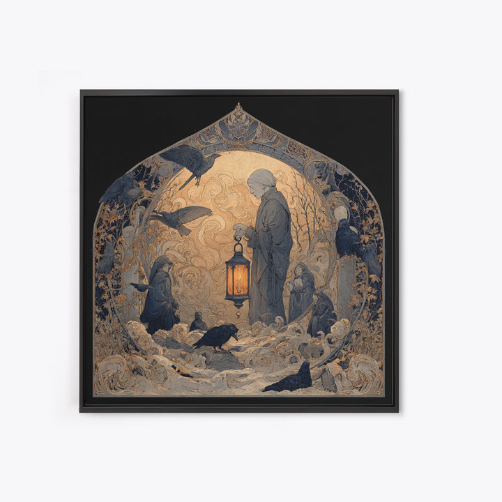 The Bone-Handled Lantern, Symbolist Death Art, Square Wall Art, Dark Halloween Decor, Framed Canvas Print, Halloween Wall Art