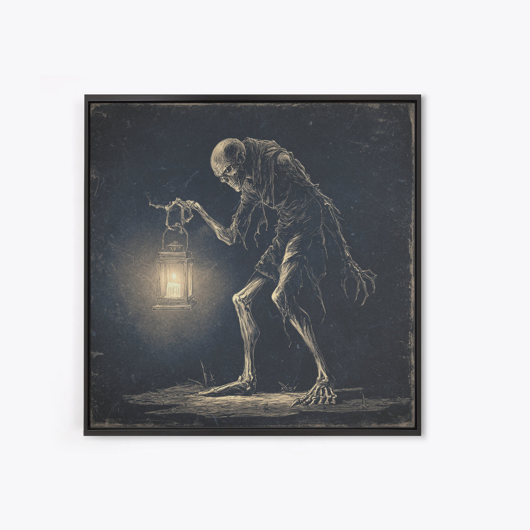 The Bone-Handled Lantern, Expressionist Nightmare Art, Square Wall Art, Dark Fantasy Wall Art, Framed Canvas Print, Halloween Wall Art