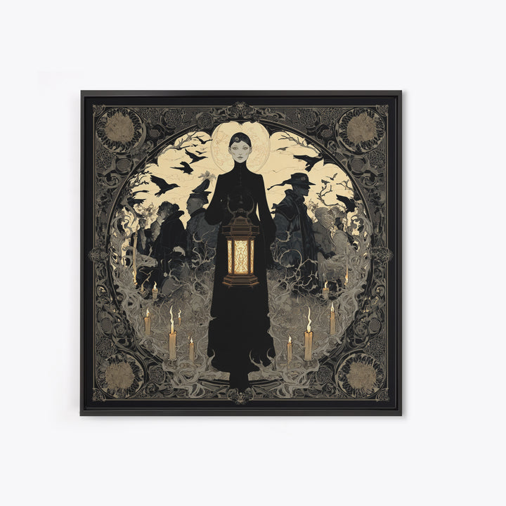 The Bone-Handled Lantern, Decadent Line Art, Square Wall Art, Gothic Horror Wall Art, Framed Canvas Print, Halloween Wall Art