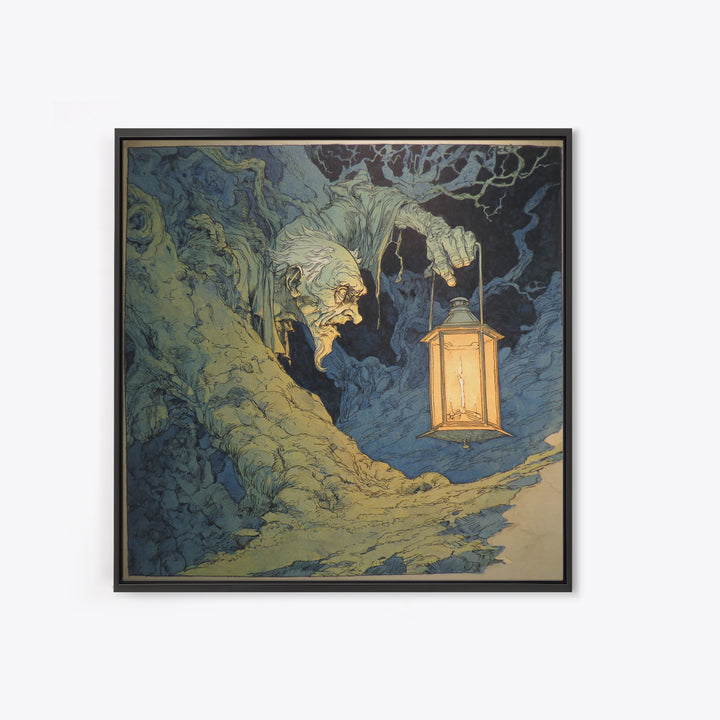 The Bone-Handled Lantern, Gothic Storybook Art, Square Wall Art, Gothic Horror Wall Art, Framed Canvas Print, Halloween Wall Art