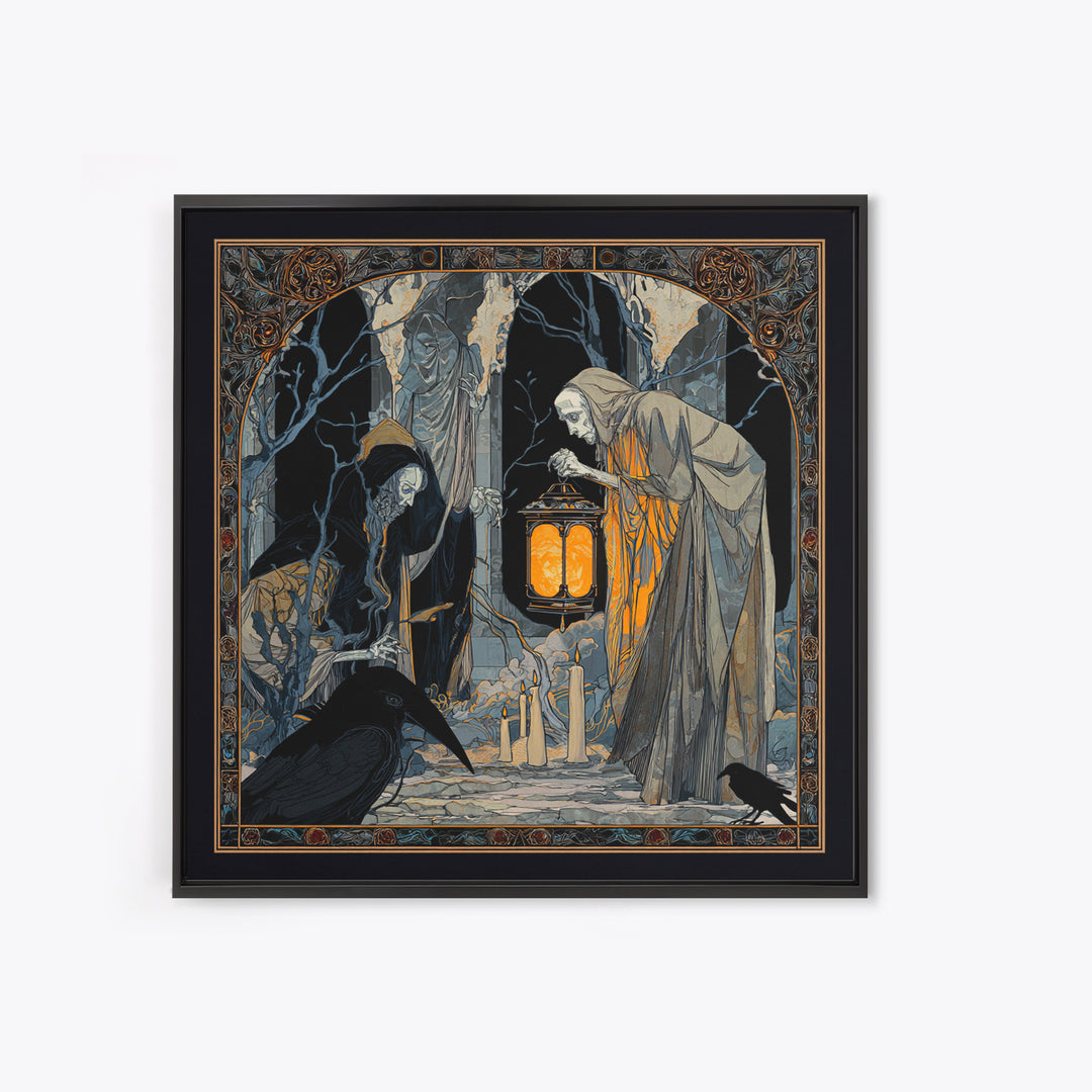 The Bone-Handled Lantern, Stained Glass Gothic Art, Square Wall Art, Gothic Horror Wall Art, Framed Canvas Print, Halloween Wall Art