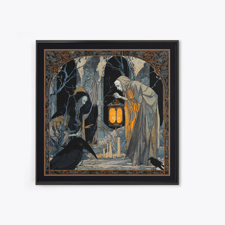 The Bone-Handled Lantern, Stained Glass Gothic Art, Square Wall Art, Gothic Horror Wall Art, Framed Canvas Print, Halloween Wall Art