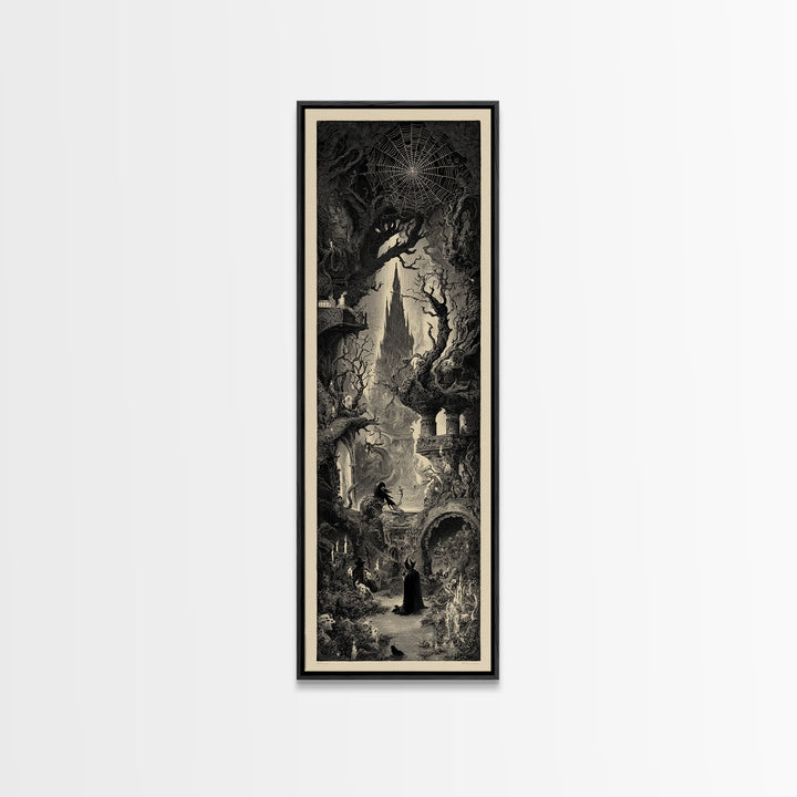 The Spiderweb Crown, Gothic Engraving Art, Tall Narrow Wall Art, Dark Fantasy Wall Art, Framed Canvas Print, Halloween Wall Art