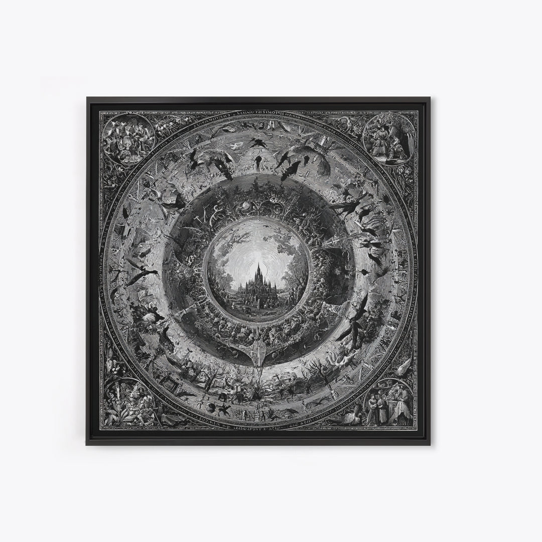 The Spiderweb Crown, Renaissance Engraving Art, Square Wall Art, Dark Halloween Decor, Framed Canvas Print, Halloween Wall Art