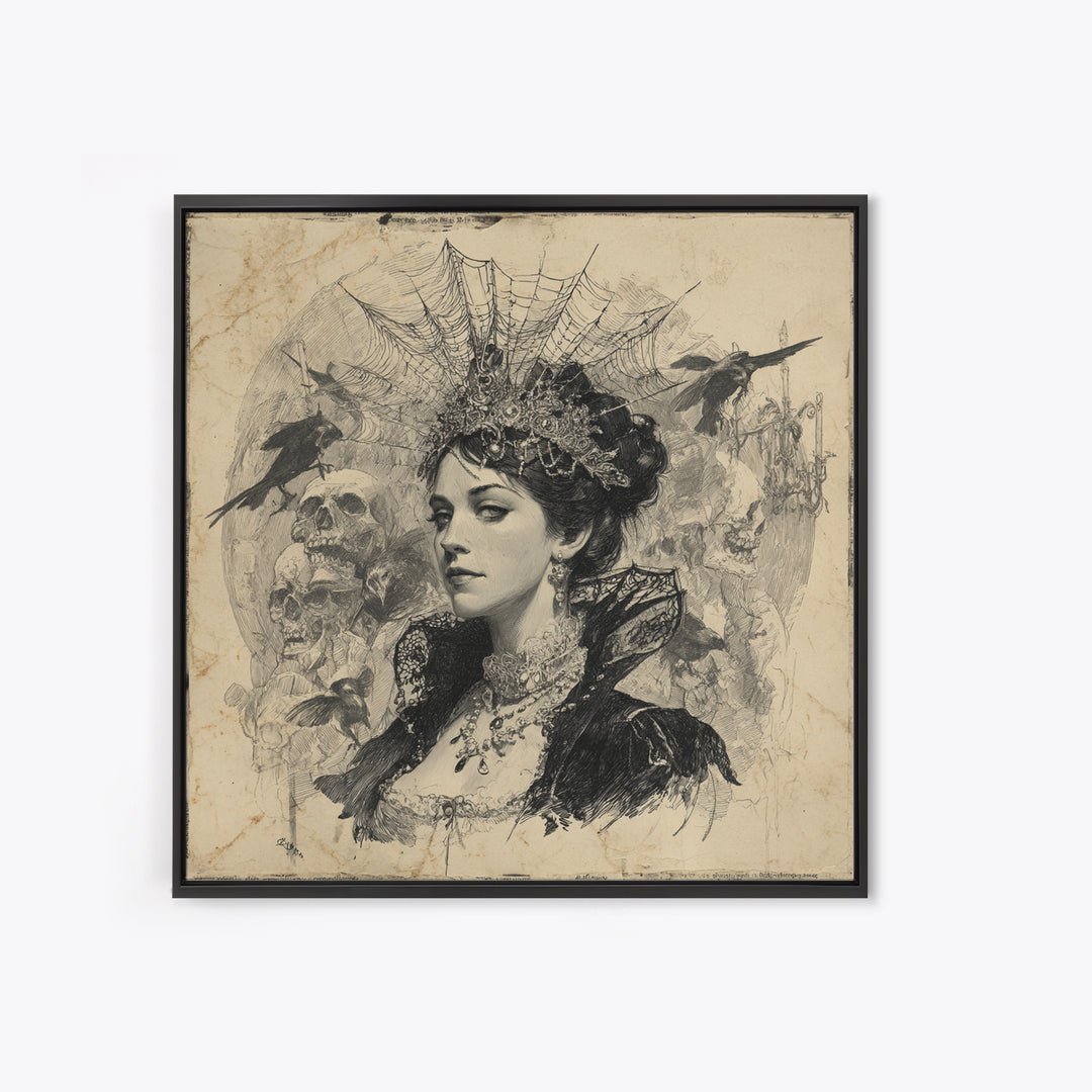 The Spiderweb Crown, Decadent Gothic Art, Square Wall Art, Dark Halloween Decor, Framed Canvas Print, Halloween Wall Art