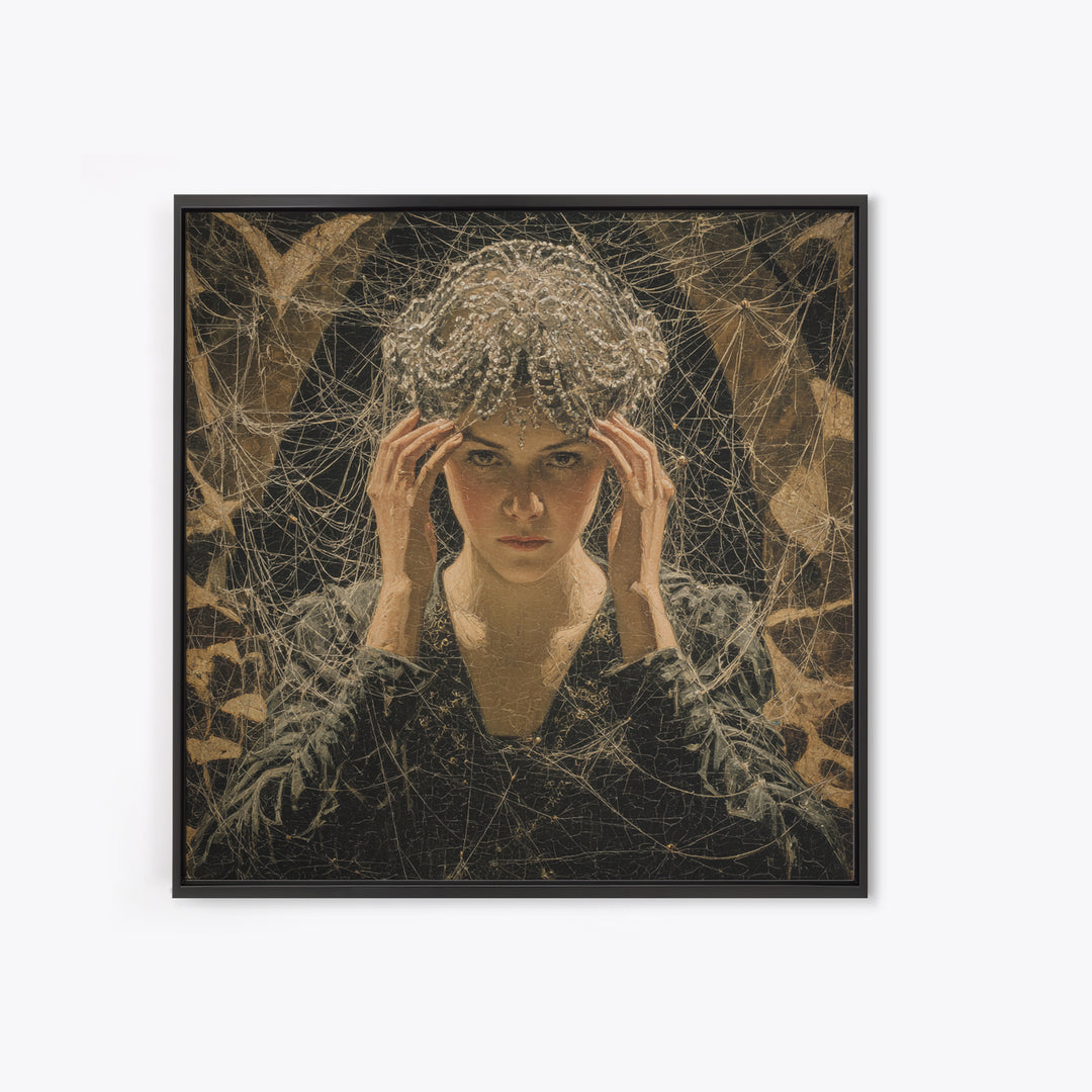 The Spiderweb Crown, Dark Symbolist Art, Square Wall Art, Dark Halloween Decor, Framed Canvas Print, Halloween Wall Art