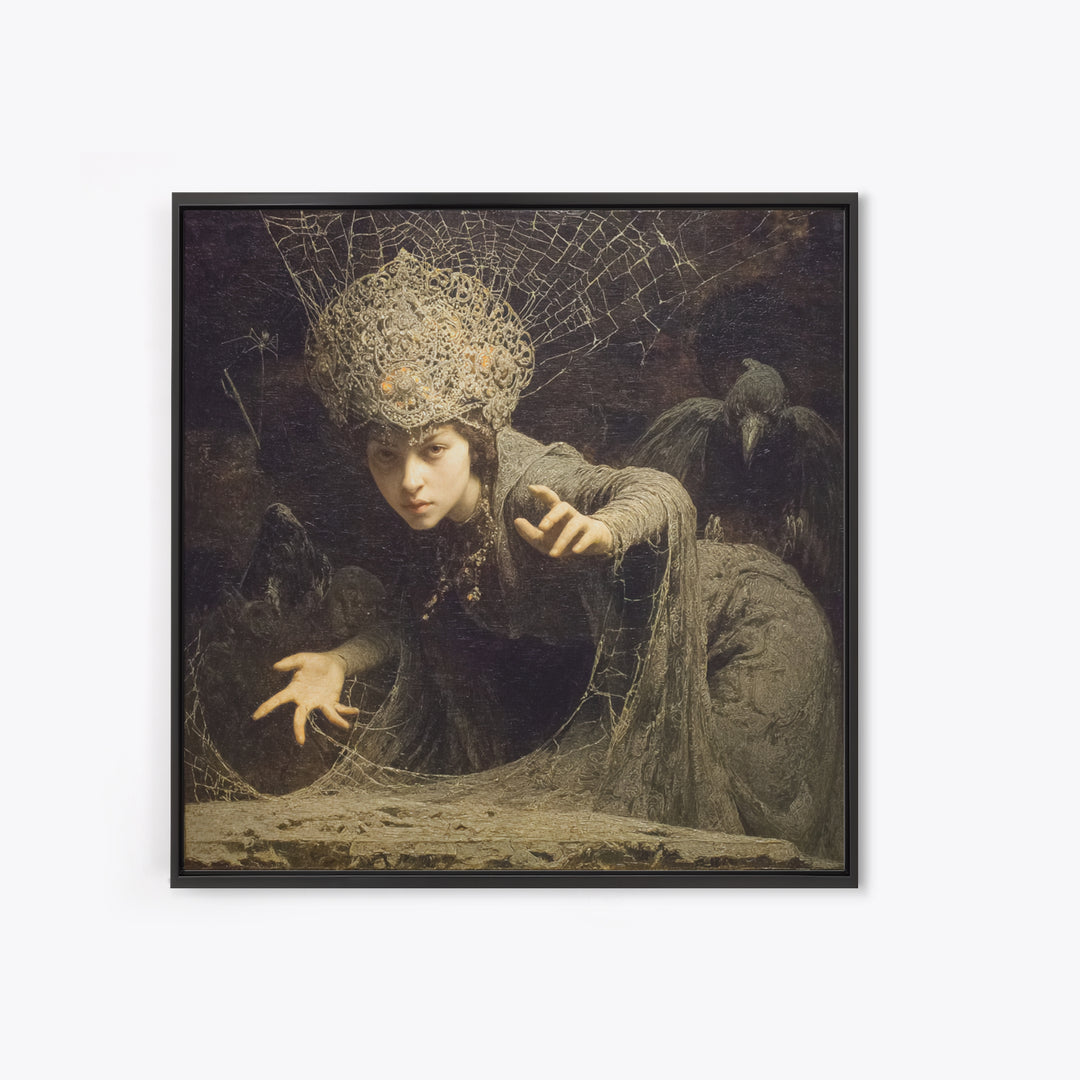 The Spiderweb Crown, Symbolist Etching Art, Square Wall Art, Dark Fantasy Wall Art, Canvas Print, Halloween Wall Art