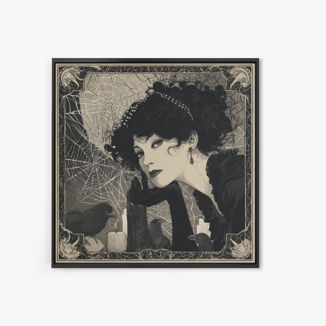 The Spiderweb Crown, Decadent Line Art, Square Wall Art, Gothic Horror Wall Art, Canvas Print, Halloween Wall Art