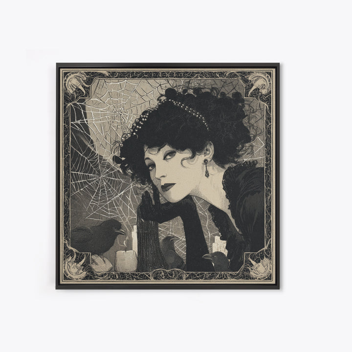 The Spiderweb Crown, Decadent Line Art, Square Wall Art, Gothic Horror Wall Art, Canvas Print, Halloween Wall Art