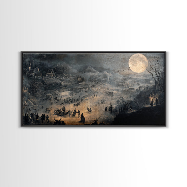 The Moonstone Amulet, Northern Renaissance Horror, Wide Panoramic Art, Dark Halloween Decor, Framed Canvas Print