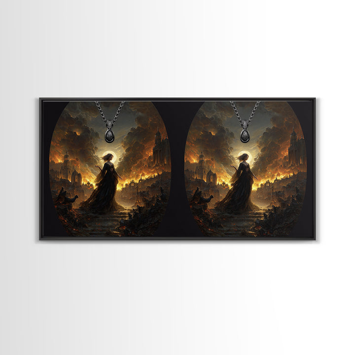 The Moonstone Amulet, Apocalyptic Romantic Art, Wide Panoramic Art, Dark Fantasy Wall Art, Framed Canvas Print, Halloween Wall Art