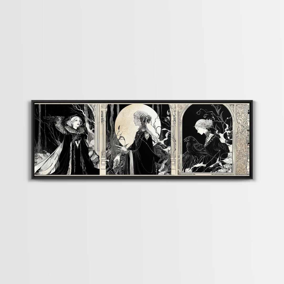 The Moonstone Amulet, Decadent Line Art, Extra Wide Wall Art, Macabre Wall Art, Framed Canvas Print, Halloween Wall Art