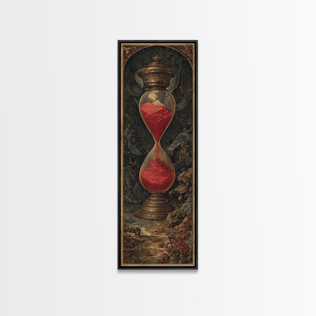 The Crimson Hourglass, Gothic Engraving Art, Tall Narrow Wall Art, Dark Halloween Decor, Framed Canvas Print, Halloween Wall Art