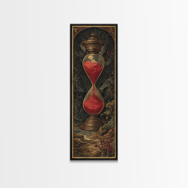 The Crimson Hourglass, Gothic Engraving Art, Tall Narrow Wall Art, Dark Halloween Decor, Framed Canvas Print, Halloween Wall Art