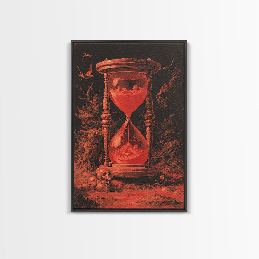 The Crimson Hourglass, Dark Romantic Horror Art, Vertical Wall Art, Dark Halloween Decor, Framed Canvas Print, Halloween Wall Art