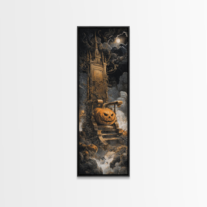 The Jack-O'-Lantern Throne, Gothic Engraving Art, Tall Narrow Wall Art, Dark Halloween Decor, Framed Canvas Print, Halloween Wall Art