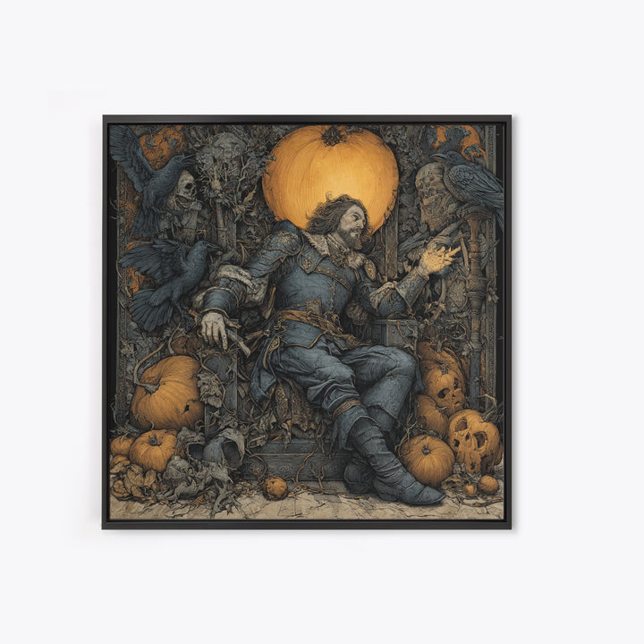 The Jack-O'-Lantern Throne, Renaissance Engraving Art, Square Wall Art, Dark Halloween Decor, Framed Canvas Print, Halloween Wall Art