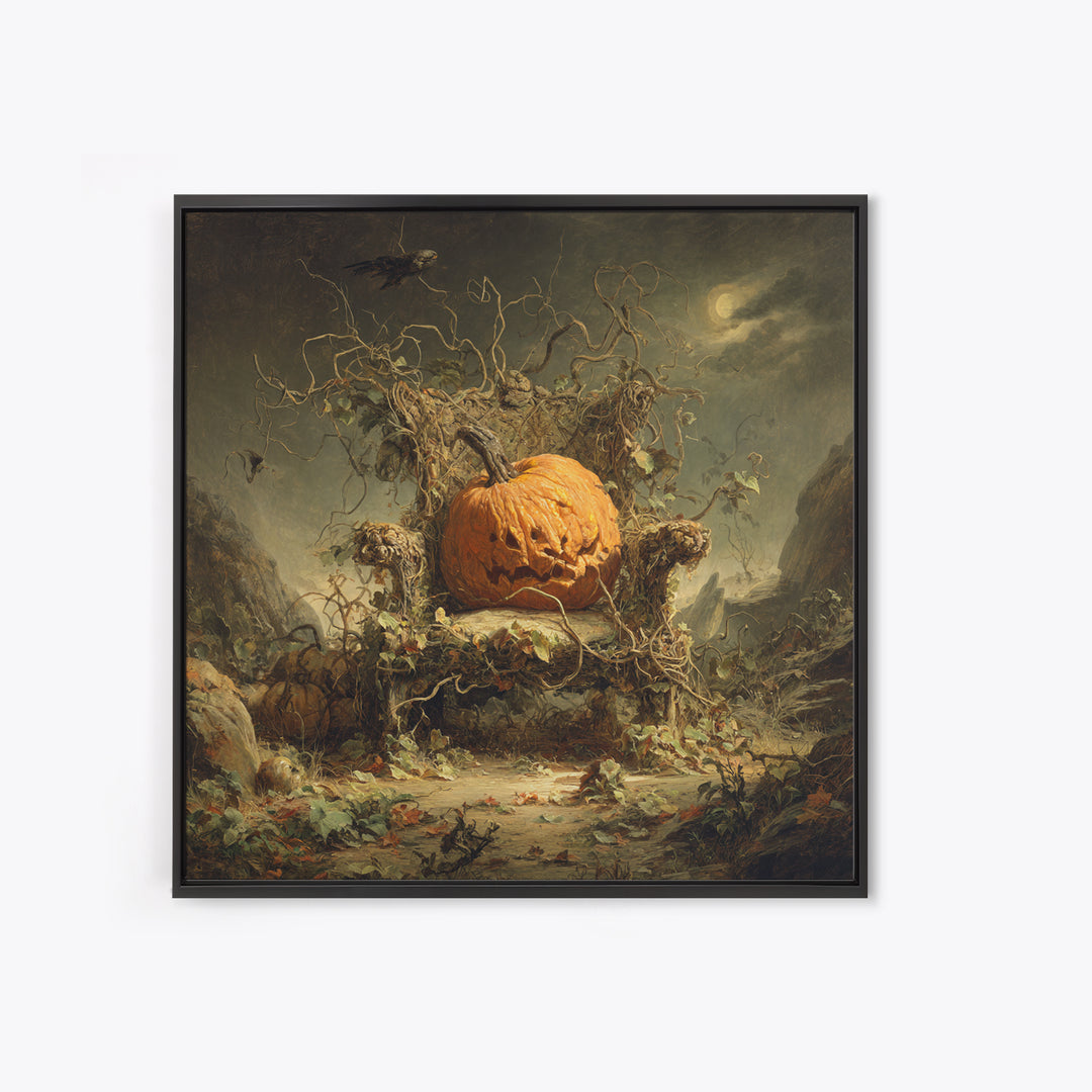 The Jack-O'-Lantern Throne, Baroque Witchcraft Art, Square Wall Art, Dark Halloween Decor, Framed Canvas Print, Halloween Wall Art