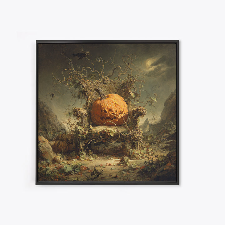 The Jack-O'-Lantern Throne, Baroque Witchcraft Art, Square Wall Art, Dark Halloween Decor, Framed Canvas Print, Halloween Wall Art