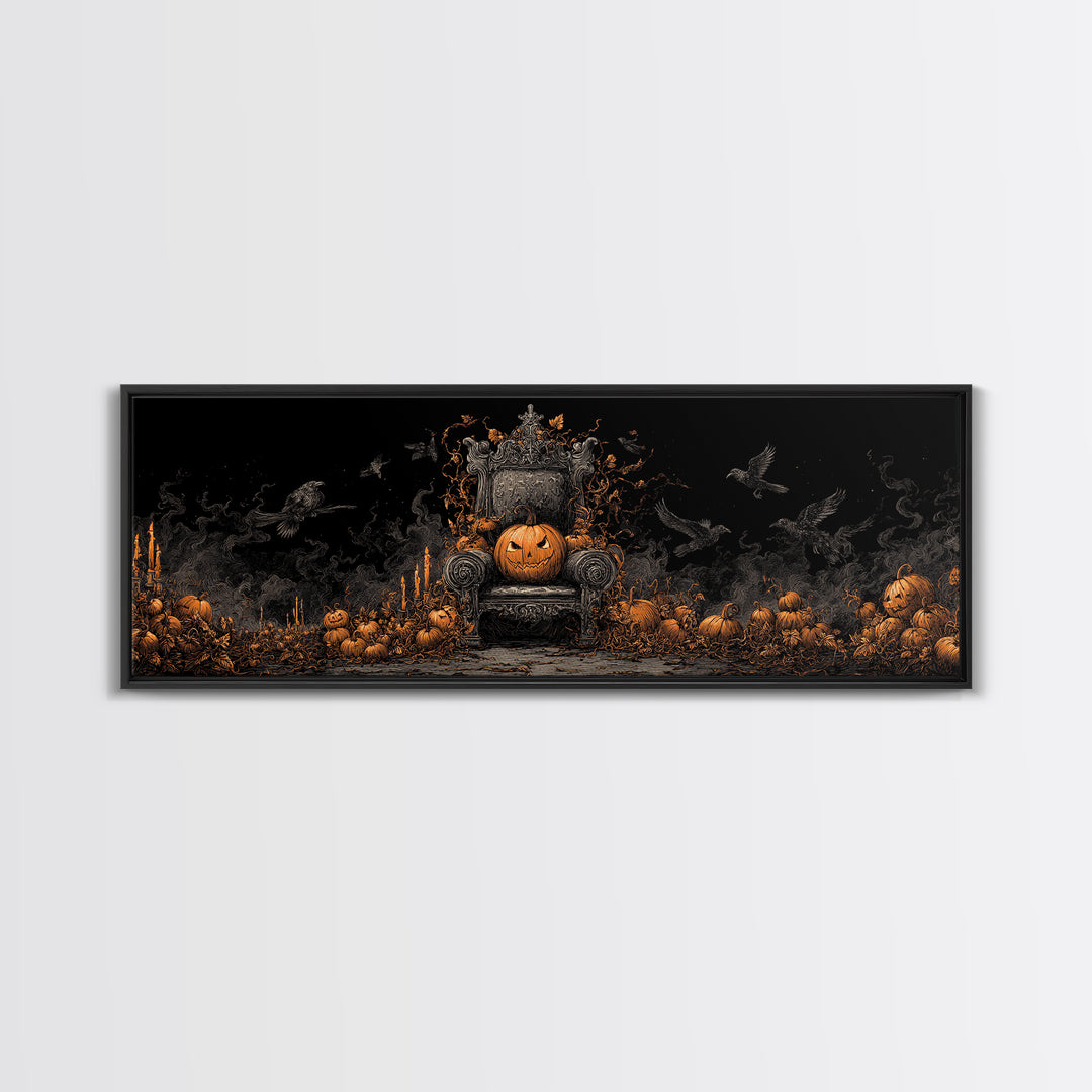 The Jack-O'-Lantern Throne, Dark Romantic Horror Art, Extra Wide Wall Art, Macabre Wall Art, Framed Canvas Print, Halloween Wall Art