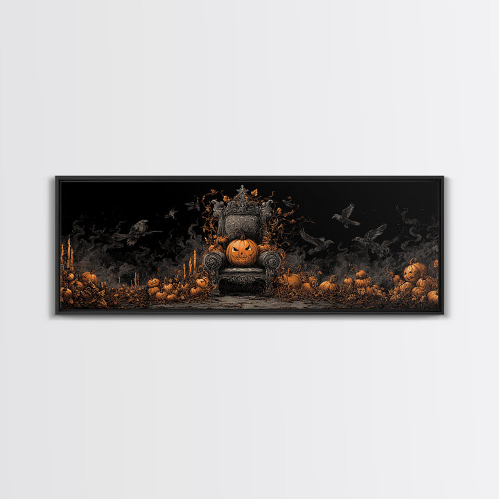 The Jack-O'-Lantern Throne, Dark Romantic Horror Art, Extra Wide Wall Art, Macabre Wall Art, Framed Canvas Print, Halloween Wall Art