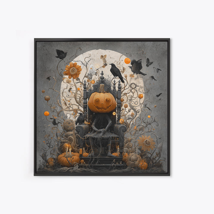 The Jack-O'-Lantern Throne, Symbolist Dream Art, Square Wall Art, Dark Fantasy Wall Art, Framed Canvas Print, Halloween Wall Art