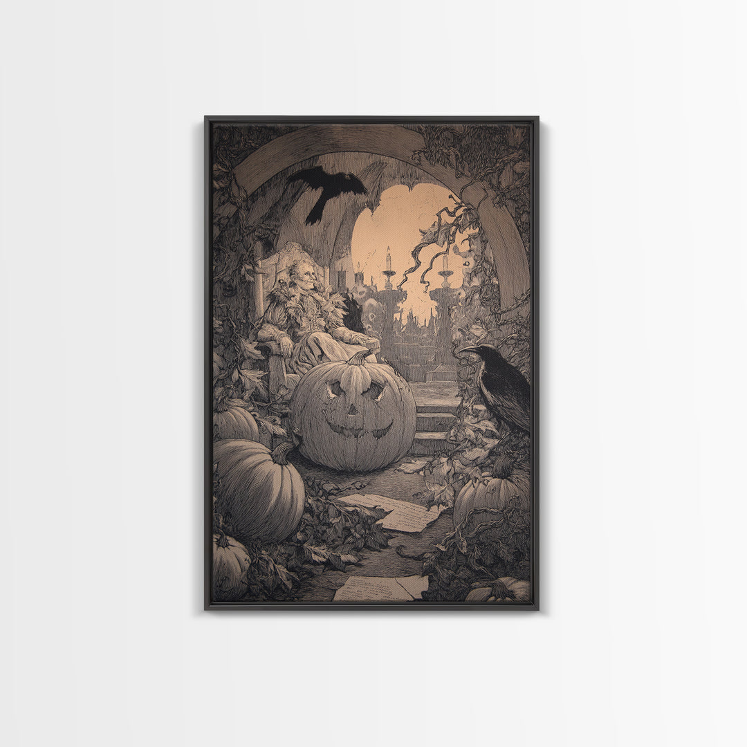 The Jack-O'-Lantern Throne, Victorian Macabre Art, Vertical Wall Art, Gothic Horror Wall Art, Framed Canvas Print, Halloween Wall Art