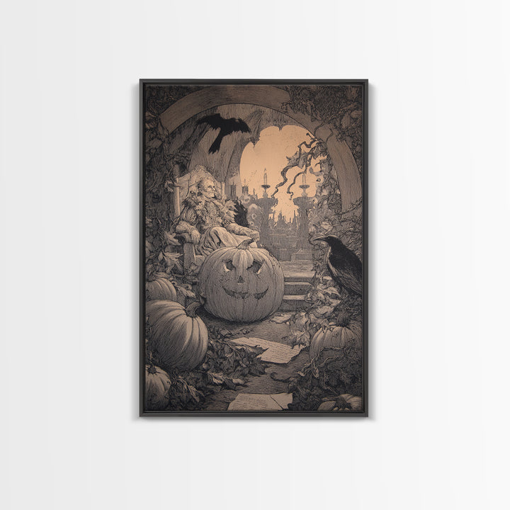 The Jack-O'-Lantern Throne, Victorian Macabre Art, Vertical Wall Art, Gothic Horror Wall Art, Framed Canvas Print, Halloween Wall Art
