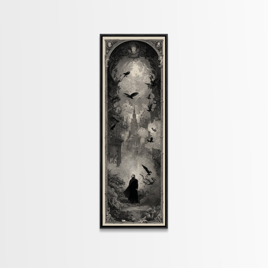 The Haunted Portrait, Gothic Engraving Art, Tall Narrow Wall Art, Dark Fantasy Wall Art, Framed Canvas Print, Halloween Wall Art