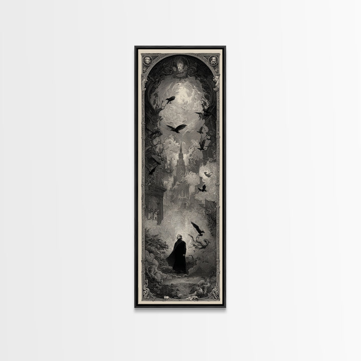 The Haunted Portrait, Gothic Engraving Art, Tall Narrow Wall Art, Dark Fantasy Wall Art, Framed Canvas Print, Halloween Wall Art