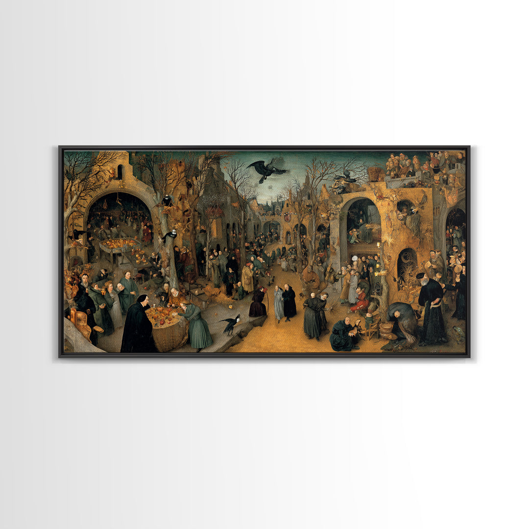 The Haunted Portrait, Northern Renaissance Horror, Wide Panoramic Art, Dark Fantasy Wall Art, Framed Canvas Print, Halloween Decor