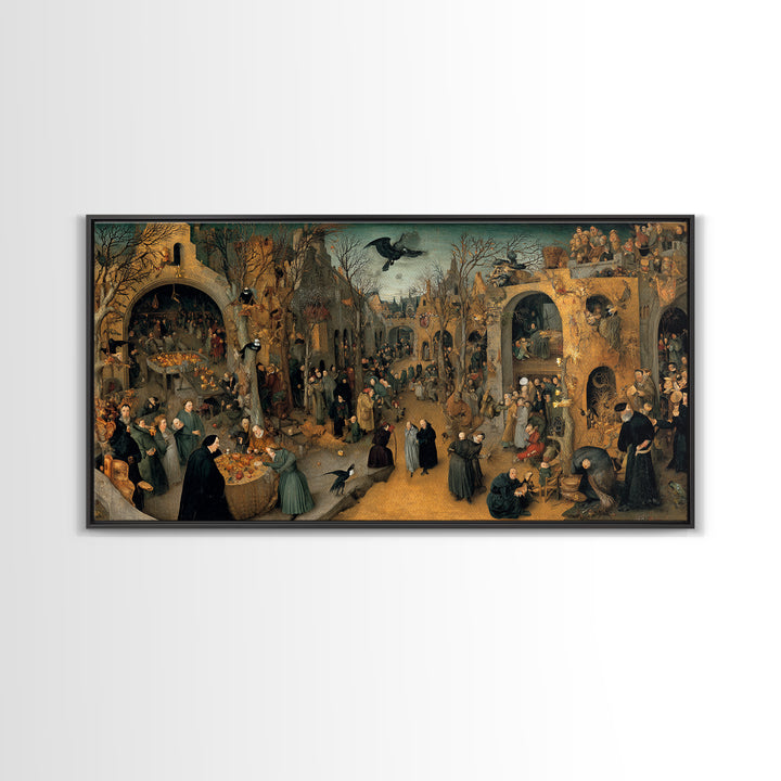The Haunted Portrait, Northern Renaissance Horror, Wide Panoramic Art, Dark Fantasy Wall Art, Framed Canvas Print, Halloween Decor