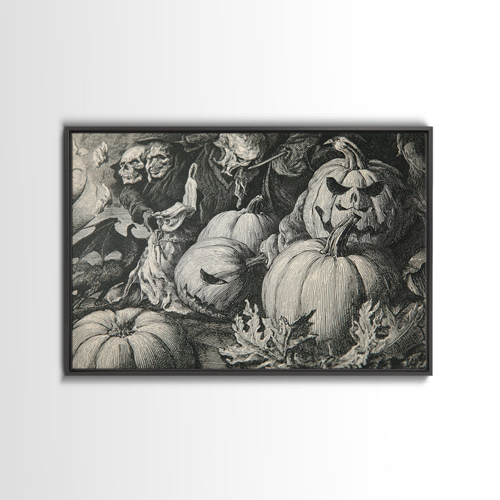 Vintage Orange-And-Black Halloween, Renaissance Engraving Art, Landscape Wall Art, Dark Fantasy Wall Art, Framed Canvas Print