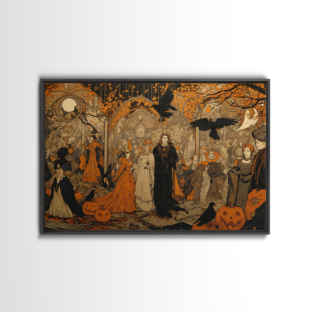 Vintage Orange-And-Black Halloween, Stained Glass Gothic Art, Landscape Wall Art, Macabre Wall Art, Canvas Print, Halloween Wall Art