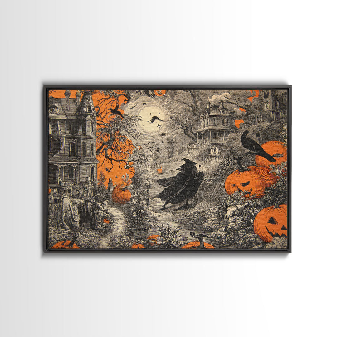 Vintage Orange-And-Black Halloween, Victorian Macabre Art, Landscape Wall Art, Macabre Wall Art, Canvas Print, Halloween Wall Art
