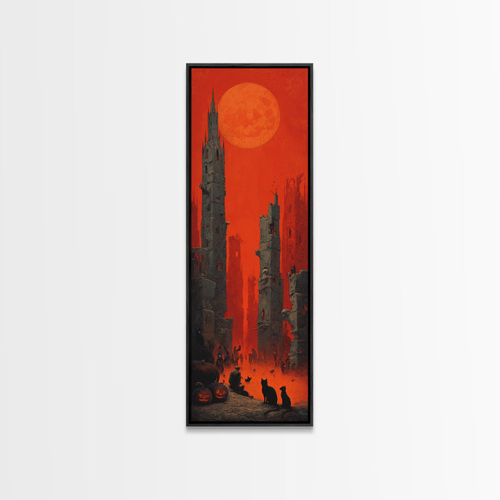 Vintage Orange-And-Black Halloween, Surreal Apocalyptic Art, Tall Narrow Wall Art, Macabre Wall Art, Framed Canvas Print