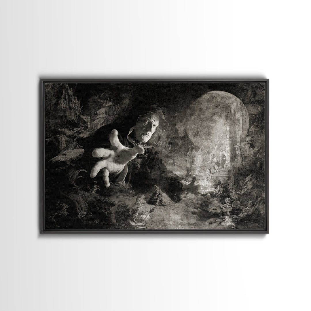 Monochrome Gothic Halloween, Medieval Grotesque Art, Landscape Wall Art, Dark Halloween Decor, Framed Canvas Print, Macabre Wall Art