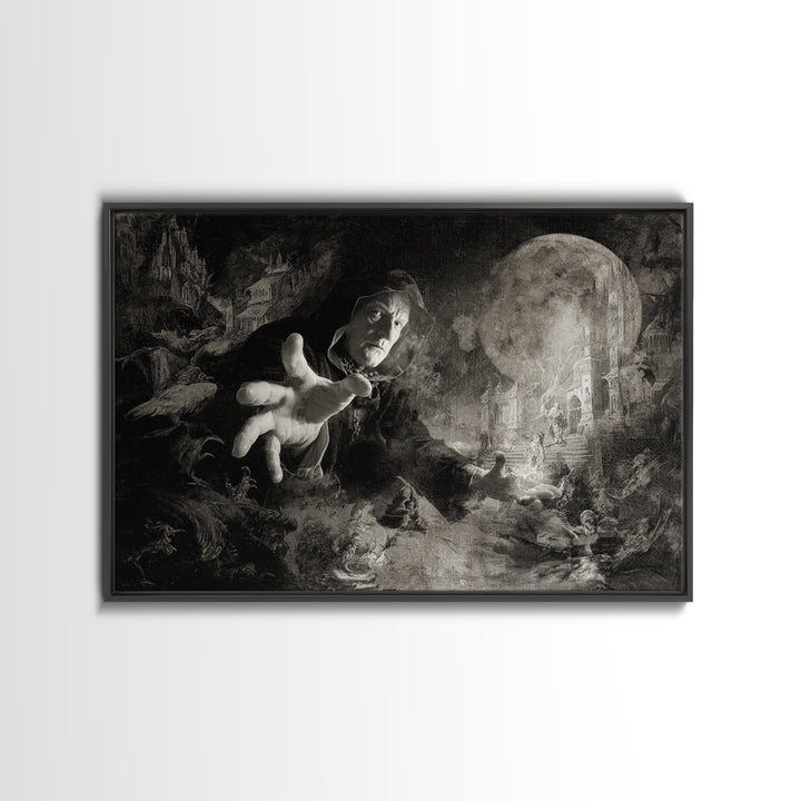 Monochrome Gothic Halloween, Medieval Grotesque Art, Landscape Wall Art, Dark Halloween Decor, Framed Canvas Print, Macabre Wall Art