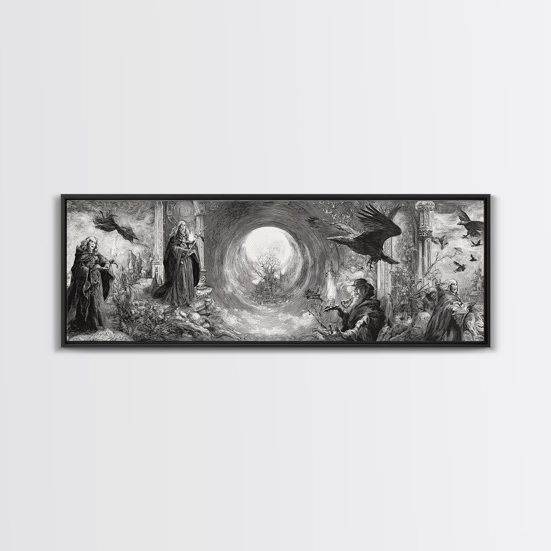 Monochrome Gothic Halloween, Renaissance Engraving Art, Extra Wide Wall Art, Gothic Horror Wall Art, Canvas Print, Halloween Wall Art
