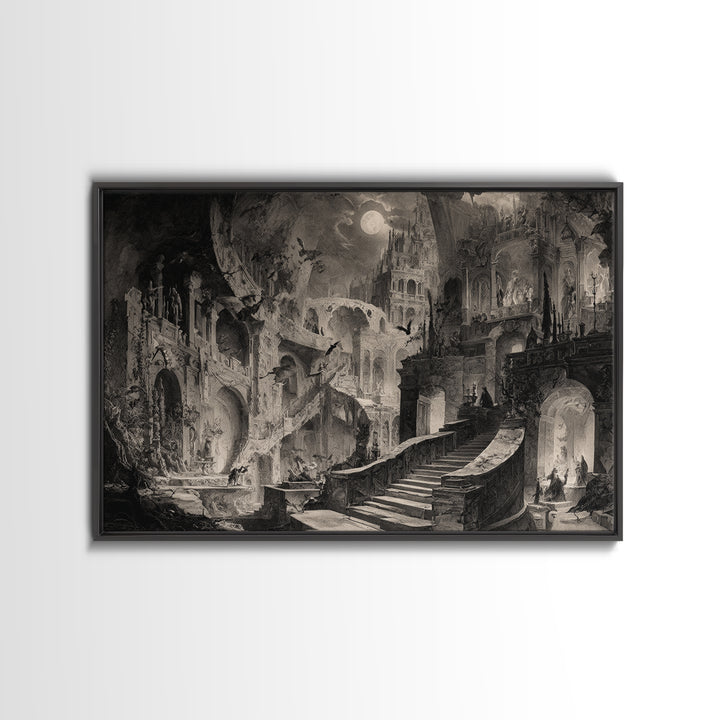 Monochrome Gothic Halloween, Architectural Etching Art, Landscape Wall Art, Dark Fantasy Wall Art, Canvas Print