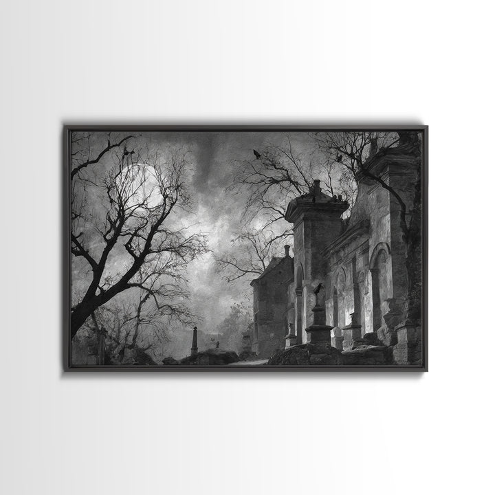 Monochrome Gothic Halloween, Romantic Gothic Landscape, Landscape Wall Art, Dark Fantasy Wall Art, Framed Canvas Print