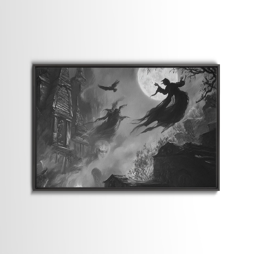 Monochrome Gothic Halloween, Expressionist Nightmare Art, Landscape Wall Art, Dark Halloween Decor, Framed Canvas Print, Halloween Wall Art