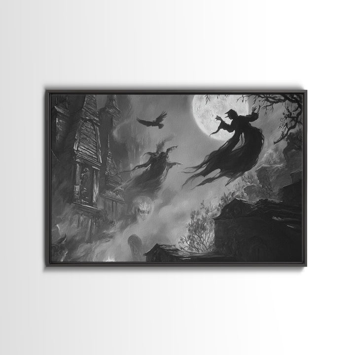 Monochrome Gothic Halloween, Expressionist Nightmare Art, Landscape Wall Art, Dark Halloween Decor, Framed Canvas Print, Halloween Wall Art