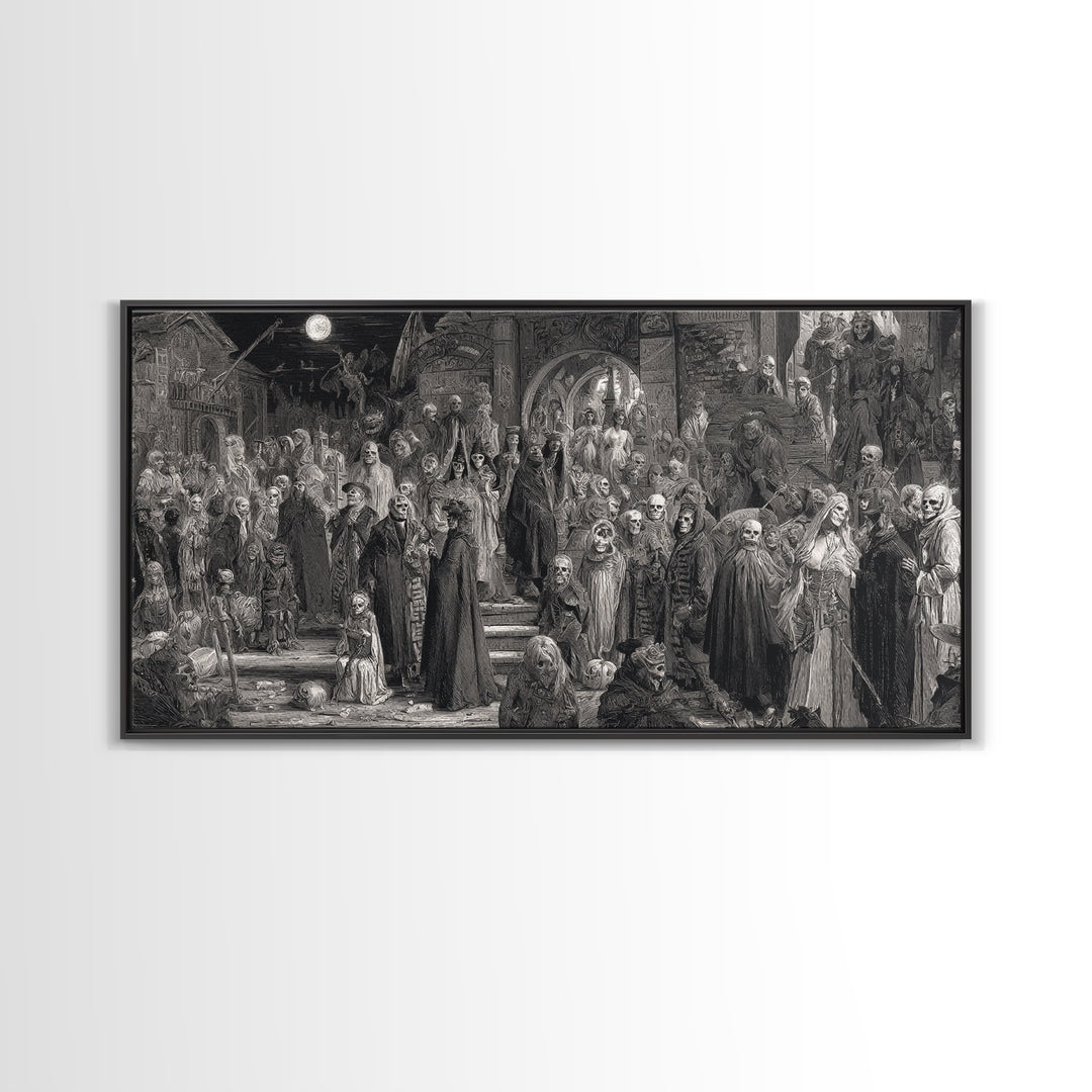 Monochrome Gothic Halloween, Grotesque Carnival Art, Wide Panoramic Art, Dark Halloween Decor, Canvas Print, Halloween Wall Art