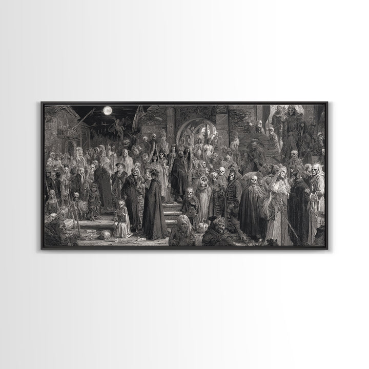 Monochrome Gothic Halloween, Grotesque Carnival Art, Wide Panoramic Art, Dark Halloween Decor, Canvas Print, Halloween Wall Art