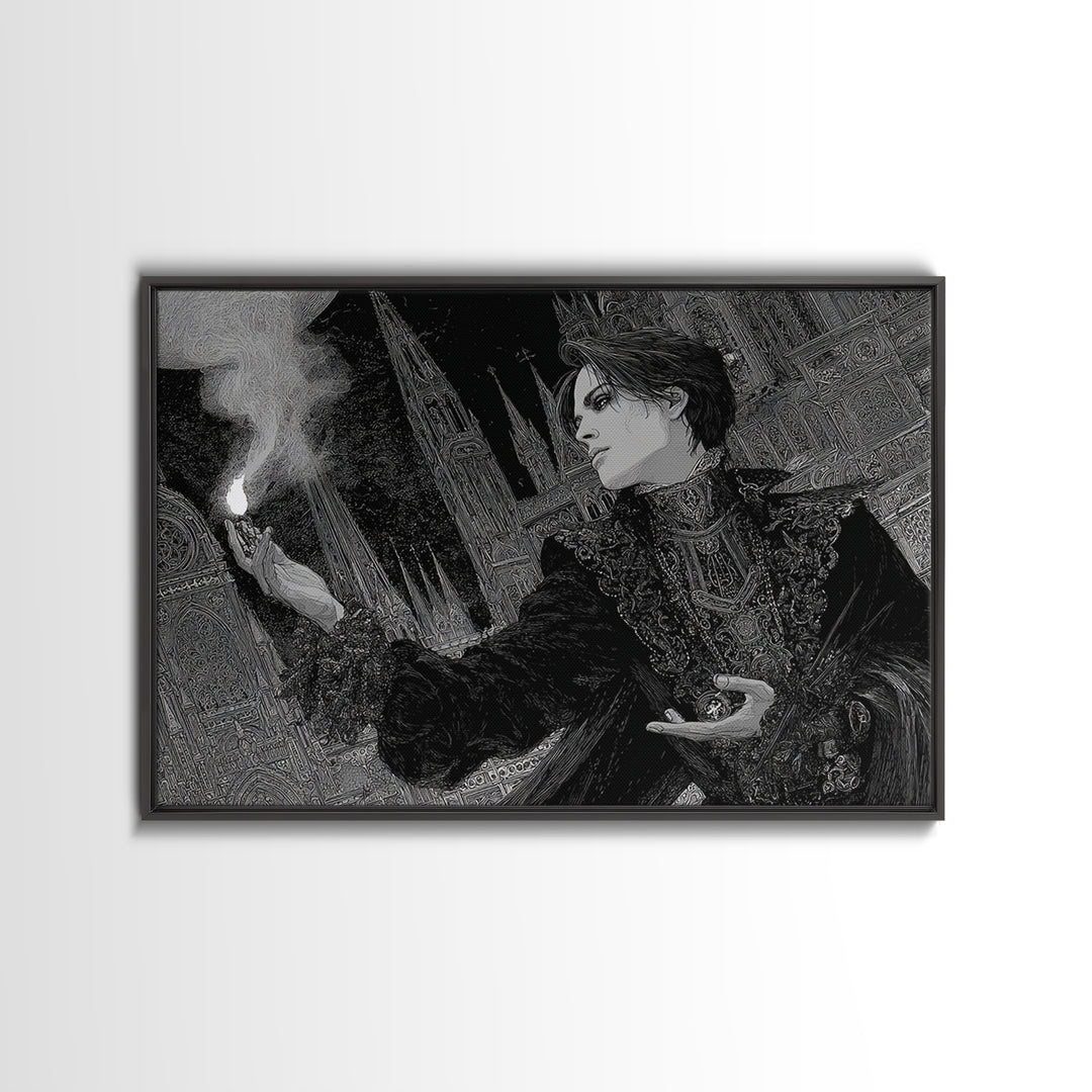 Monochrome Gothic Halloween, Stained Glass Gothic Art, Landscape Wall Art, Dark Halloween Decor, Framed Canvas Print, Halloween Wall Art